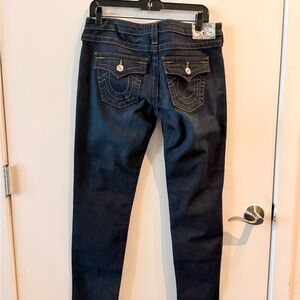 True Religion Women's Dark Indigo Skinny Jeans with Contrast Stitching
